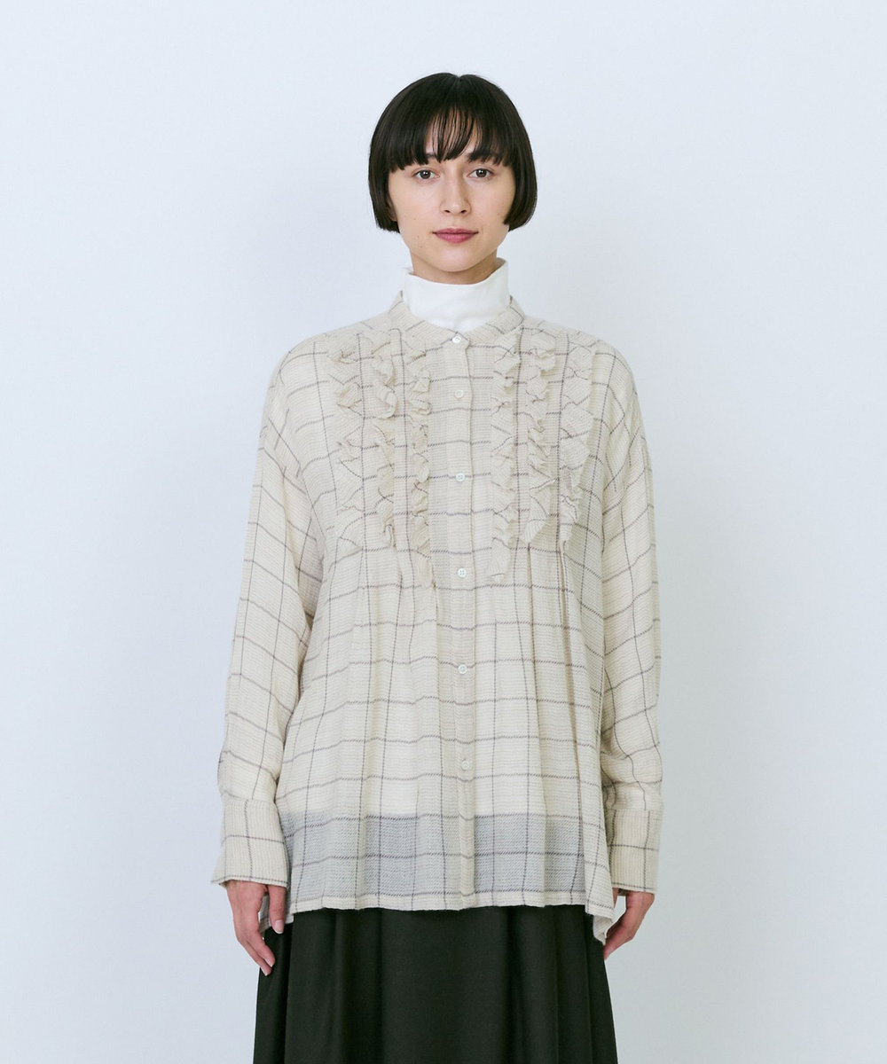 LOISIR ウールガーゼ断ち切りフリルブラウス ベージュ