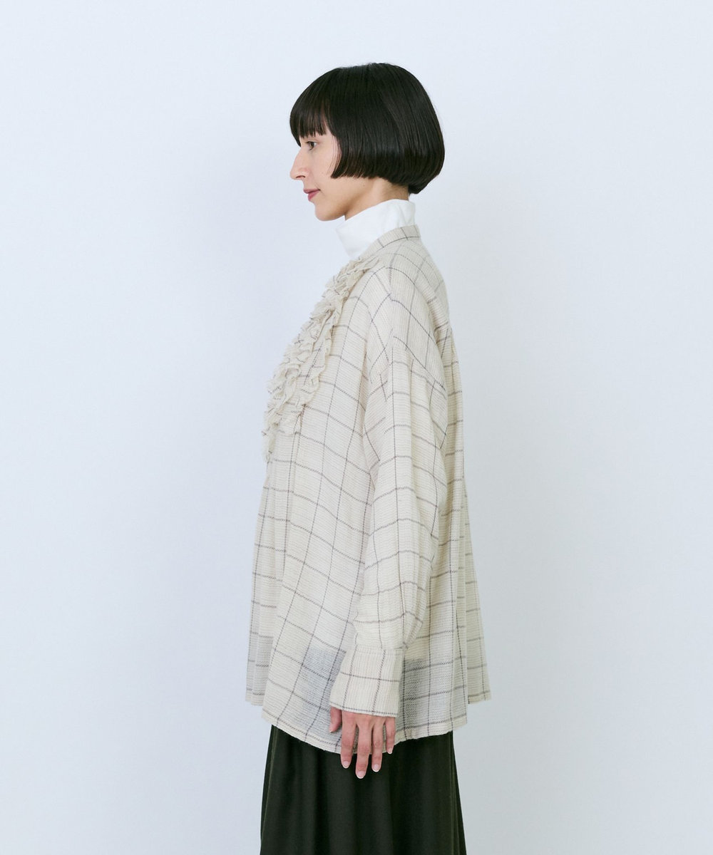 LOISIR ウールガーゼ断ち切りフリルブラウス ベージュ