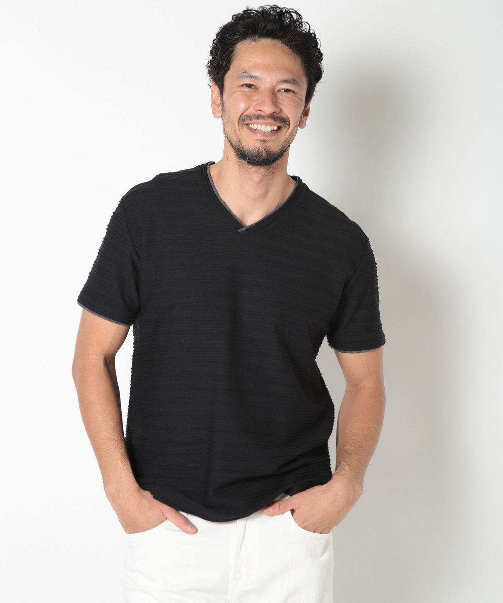 MEN'S BIGI 吸水速乾(ABS加工)スラブタックVネックカットソー ブラック