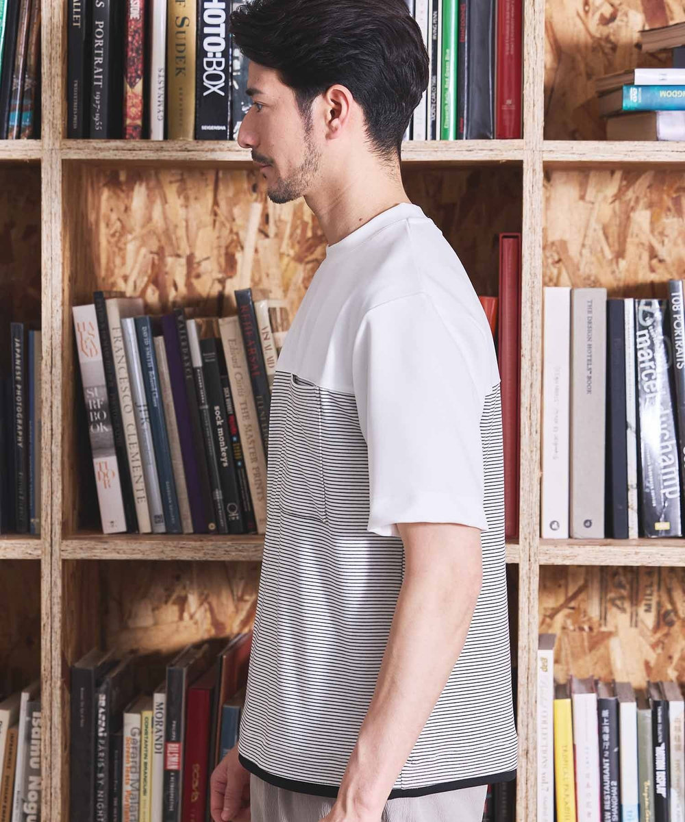UNION STATION ボーダー天竺×ストレッチカルゼTシャツ ホワイト