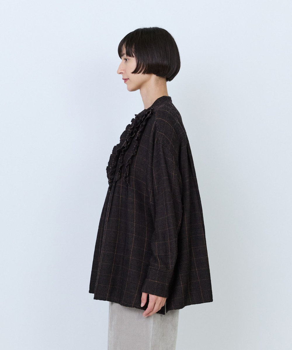 LOISIR ウールガーゼ断ち切りフリルブラウス ブラウン