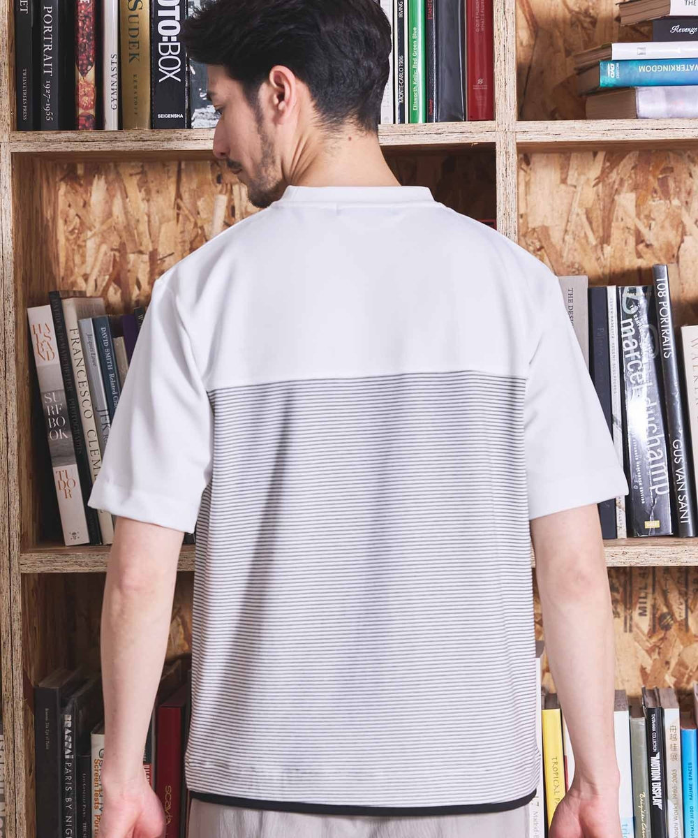 UNION STATION ボーダー天竺×ストレッチカルゼTシャツ ホワイト
