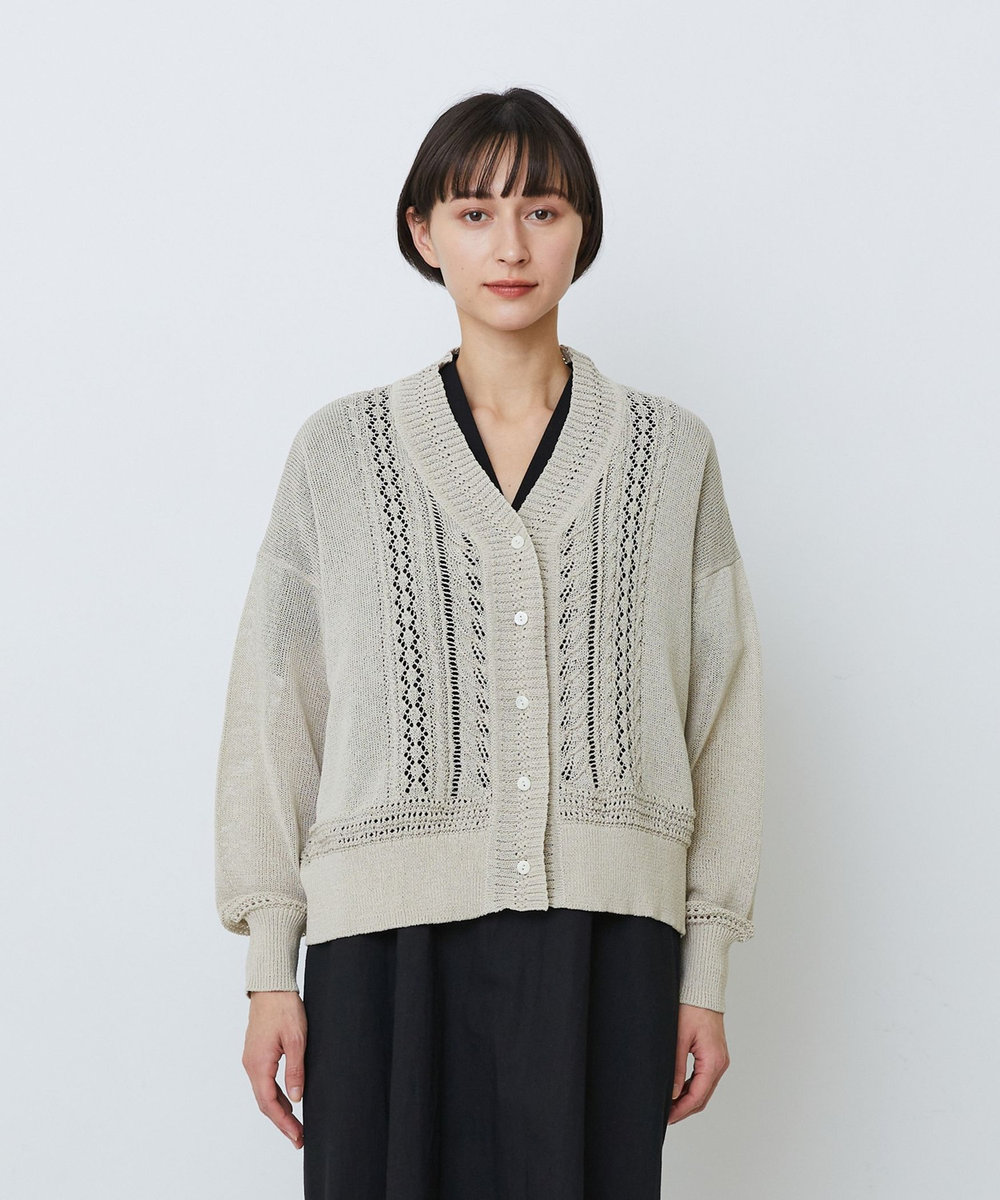 LOISIR エステル和紙透かし柄カーディガン ベージュ