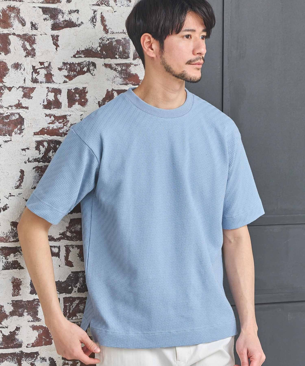 UNION STATION シェブロン柄リンクスジャガードTシャツ サックスブルー