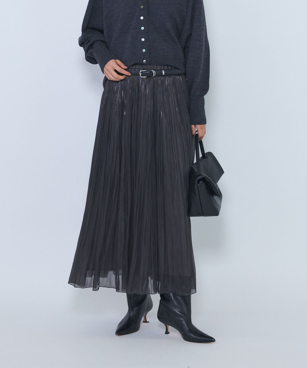1er Arrondissement グロッシーサテンプリーツスカート ブラック
