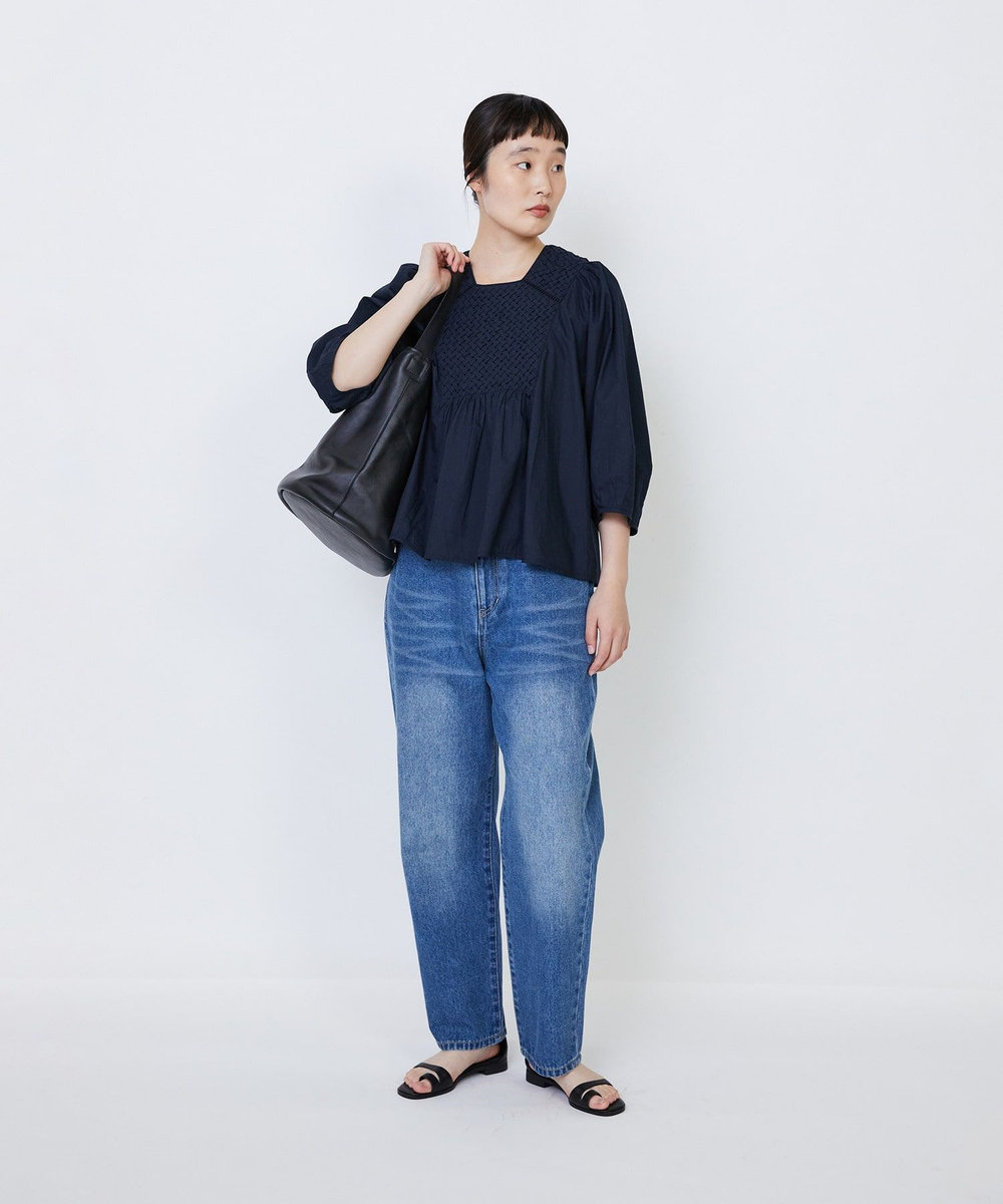 LOISIR インドコットンポプリンハンドスモッキングブラウス ブラック