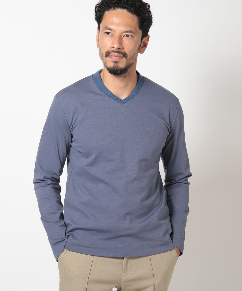 MEN'S BIGI 【ACTIVE TAILOR】シルケットスムースVネックロングTシャツ ブルー系その他