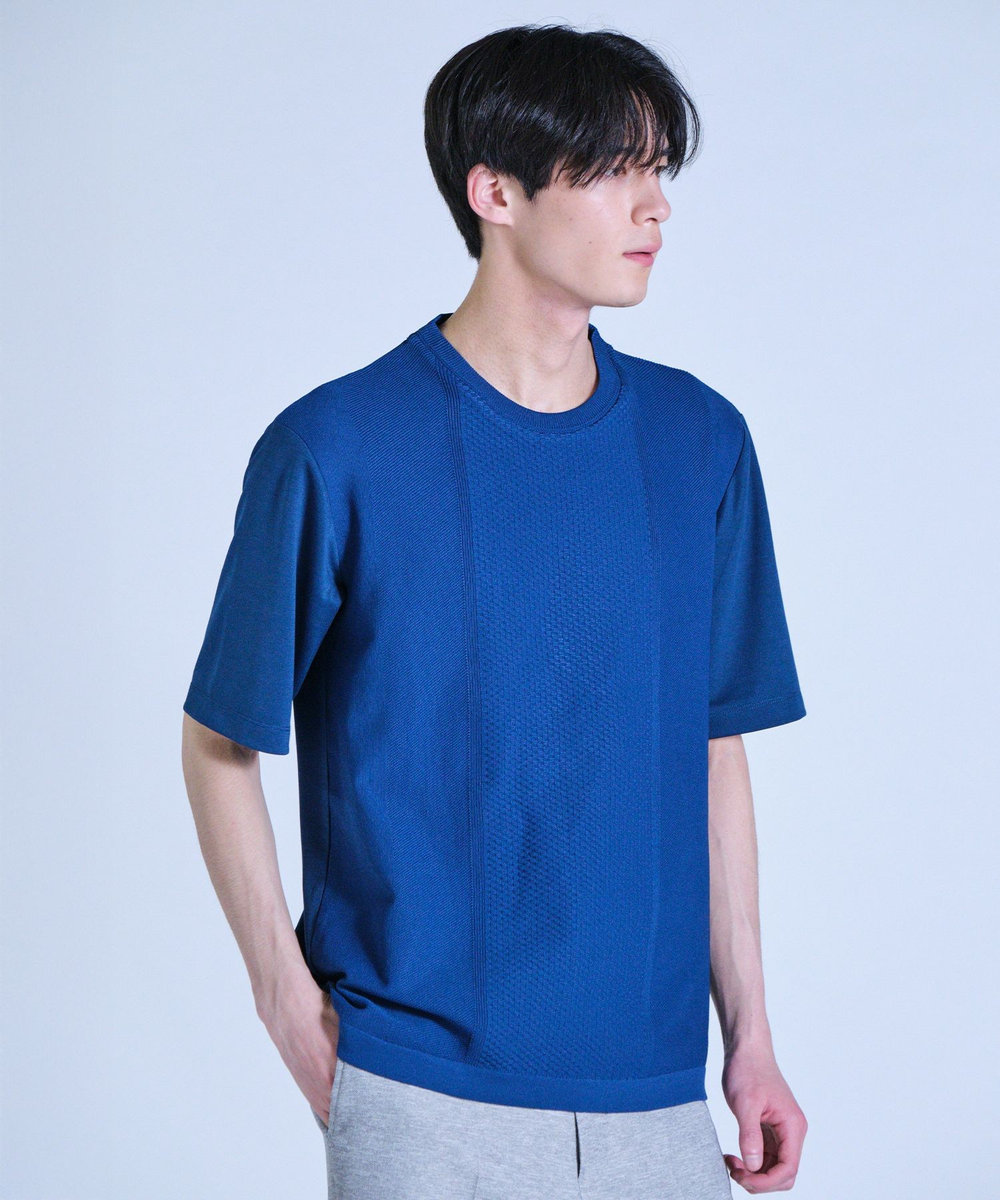 UNION STATION ニット×ポンチコンビハーフスリーブTシャツ＜ストレッチ・マシンウォッシャブル＞ ブルー