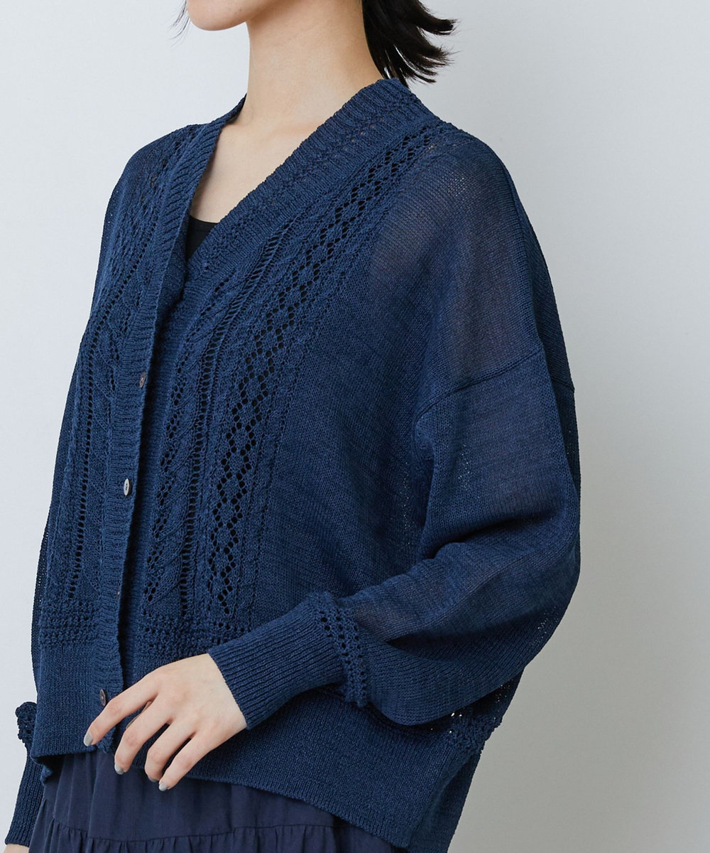 LOISIR エステル和紙透かし柄カーディガン ネイビー