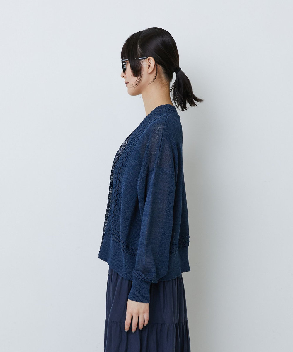 LOISIR エステル和紙透かし柄カーディガン ネイビー