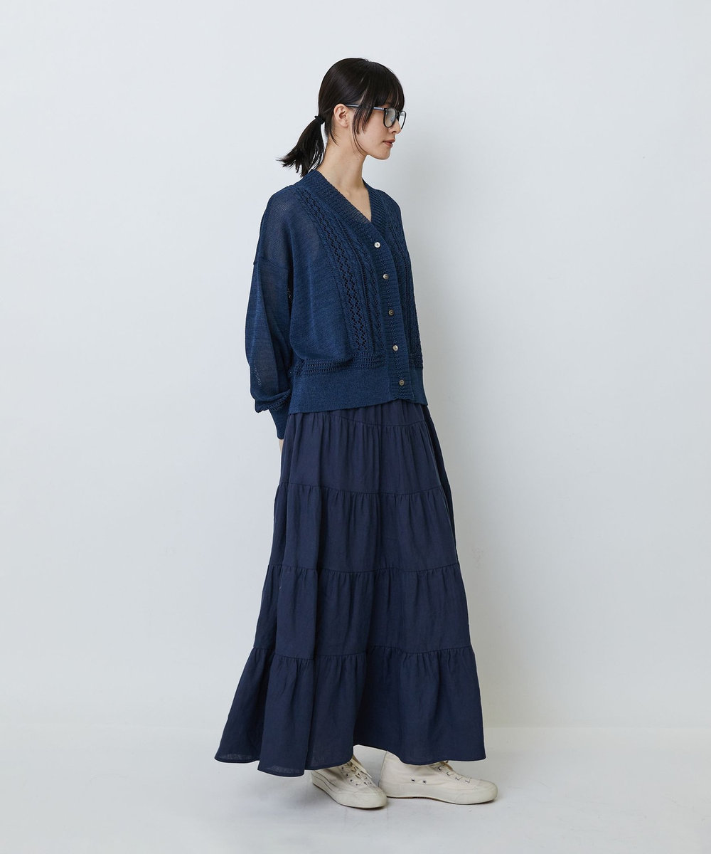 LOISIR エステル和紙透かし柄カーディガン ネイビー