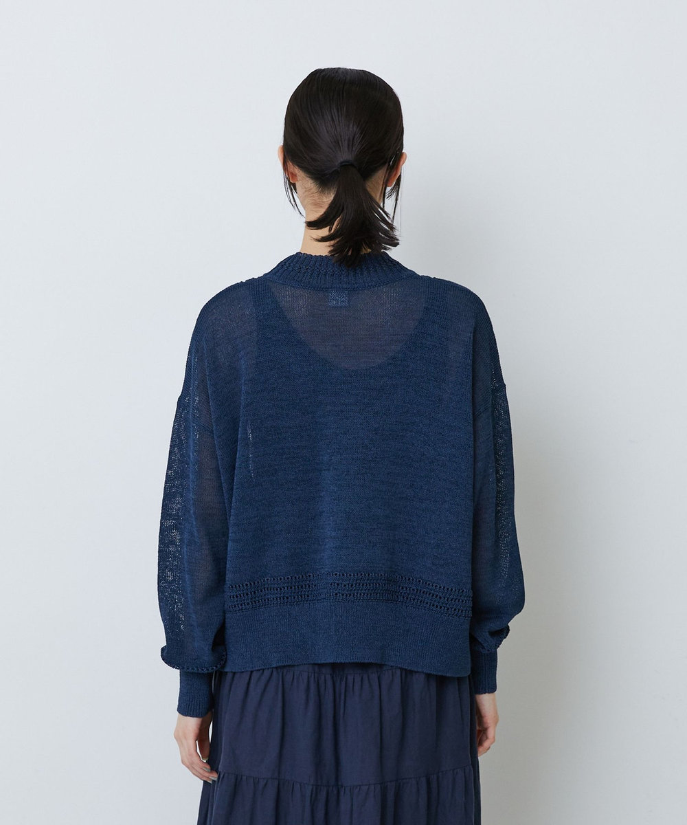 LOISIR エステル和紙透かし柄カーディガン ネイビー