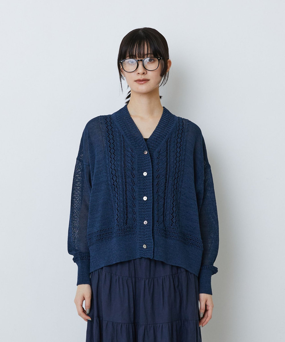 LOISIR エステル和紙透かし柄カーディガン ネイビー