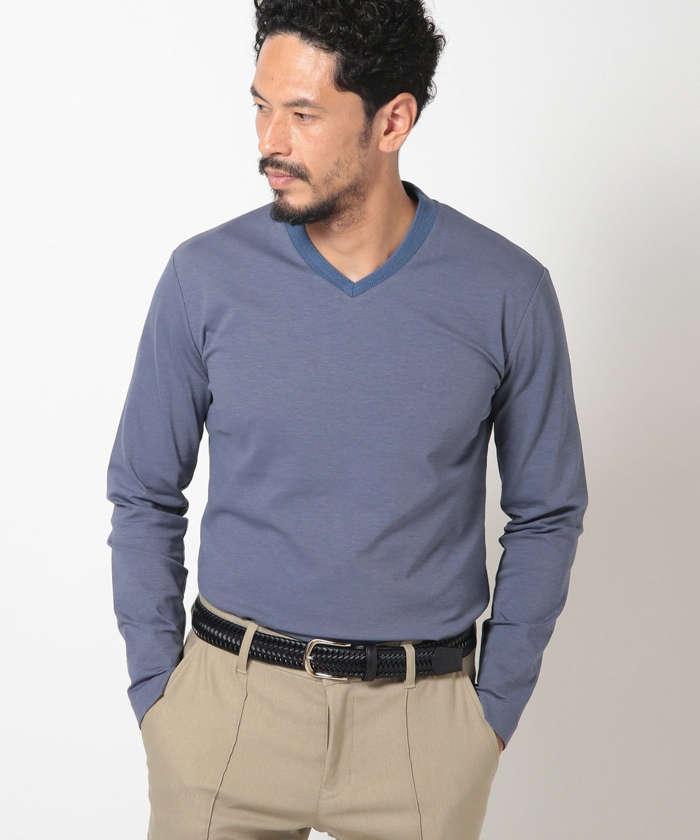 MEN'S BIGI 【ACTIVE TAILOR】シルケットスムースVネックロングTシャツ ブルー系その他