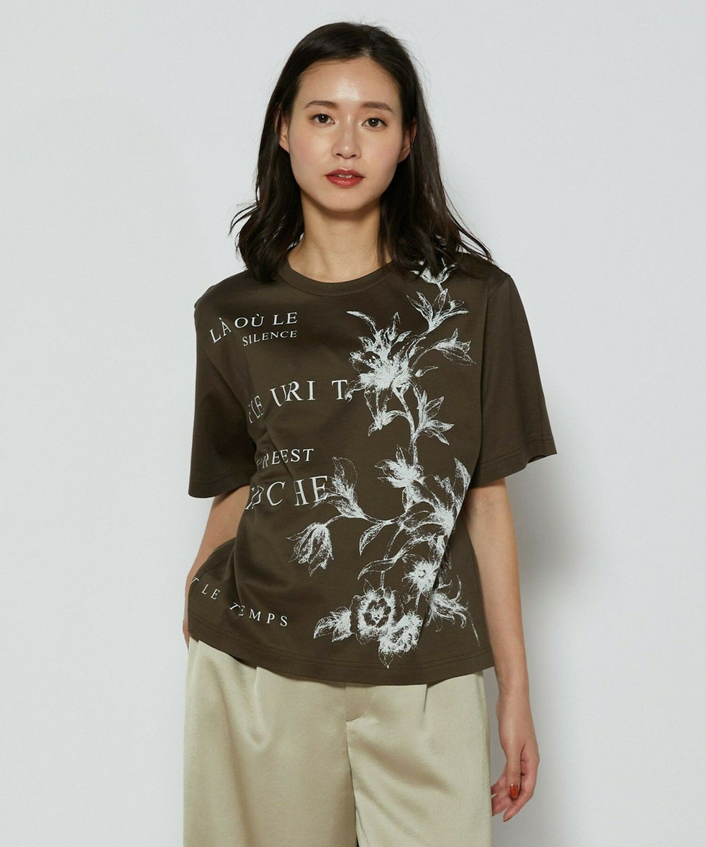 L'EQUIPE 60/2シルケット天竺フラワーロゴプリントTシャツ カーキ