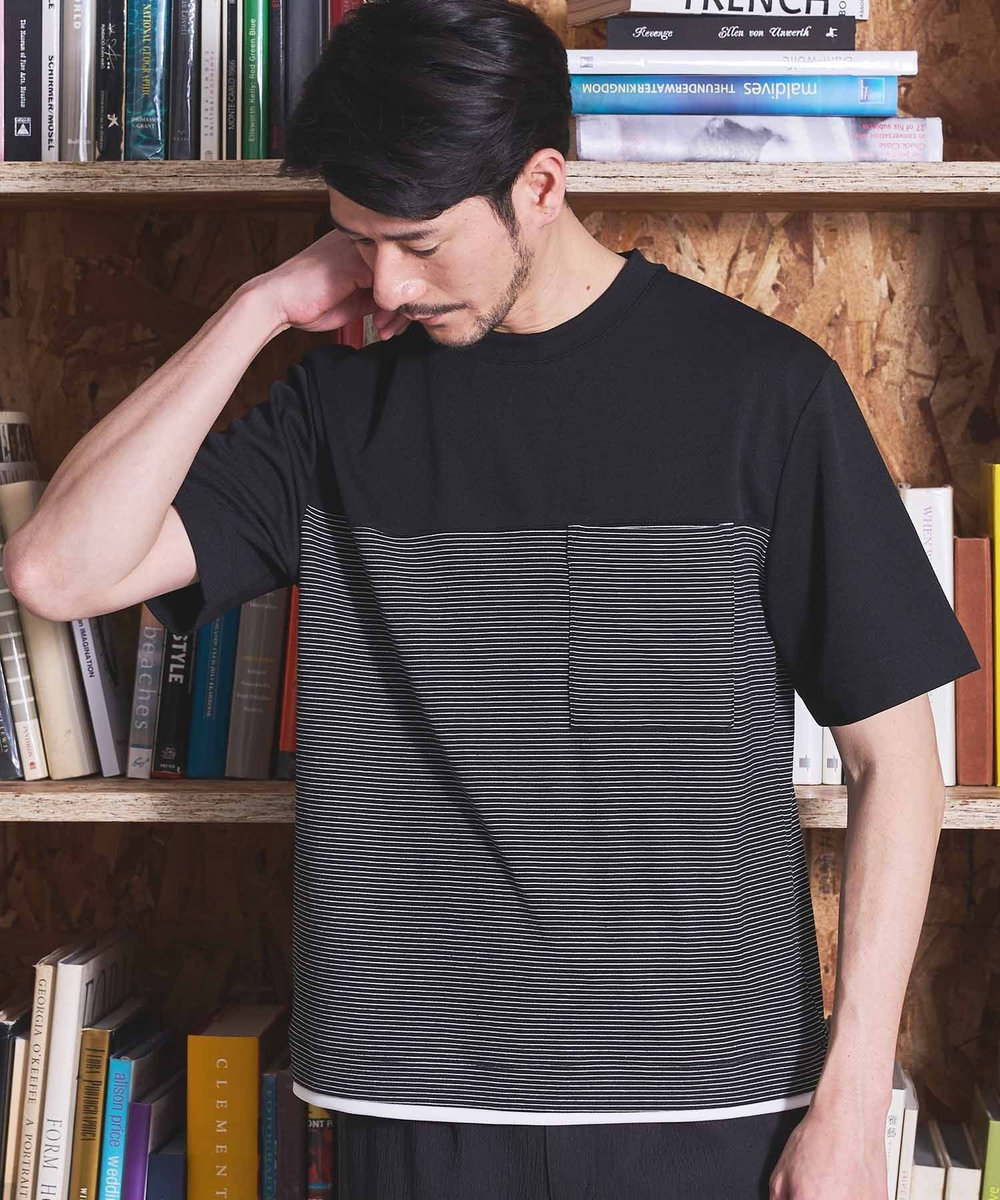 UNION STATION ボーダー天竺×ストレッチカルゼTシャツ ブラック