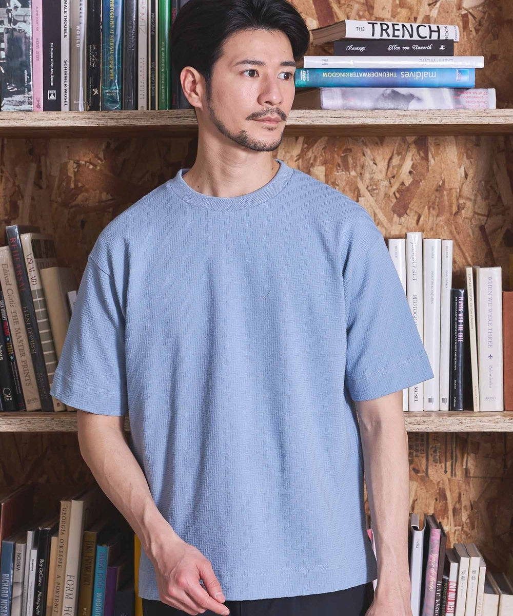 UNION STATION シェブロン柄リンクスジャガードTシャツ サックスブルー
