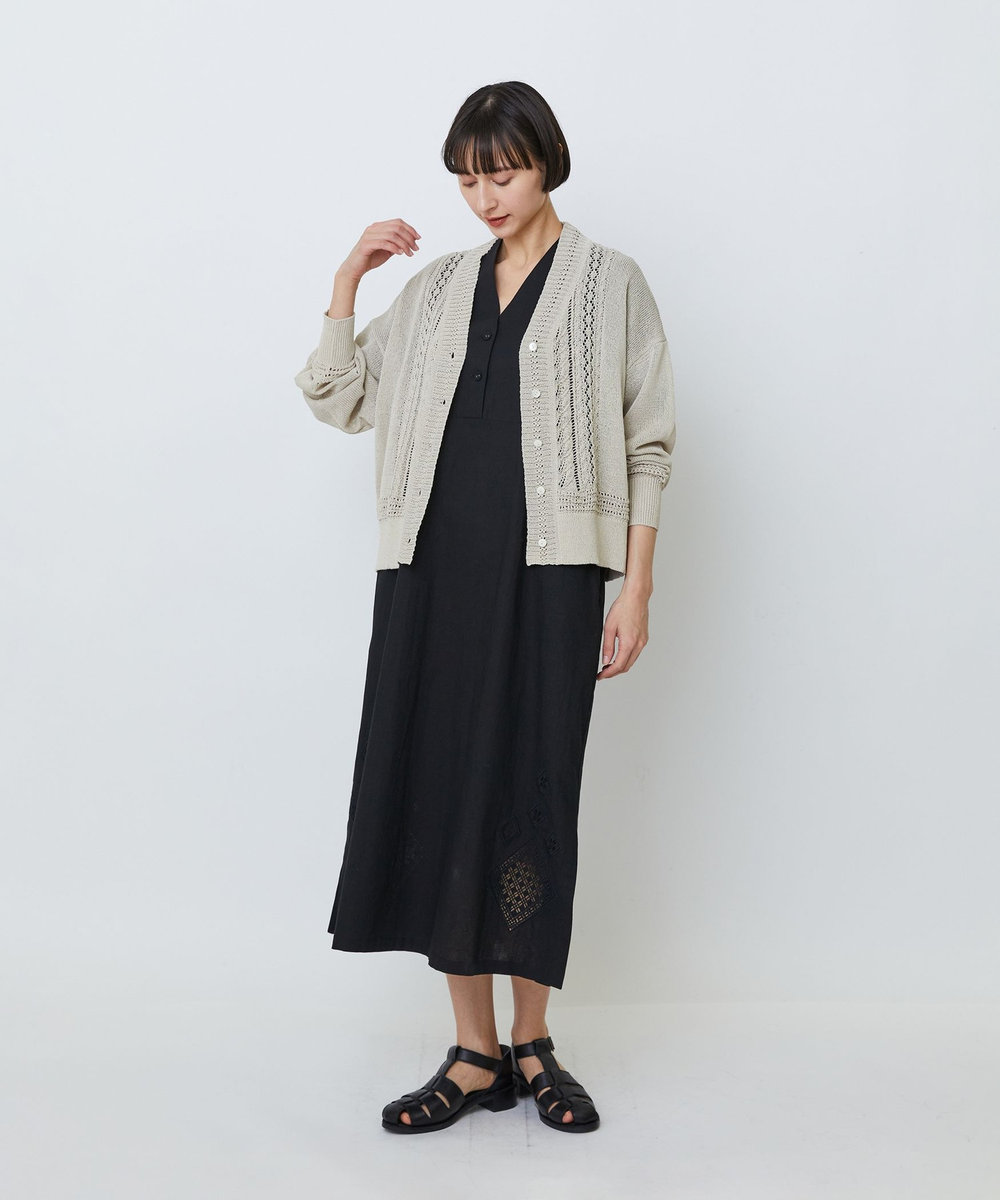 LOISIR エステル和紙透かし柄カーディガン ベージュ