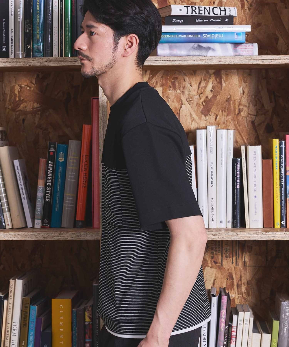 UNION STATION ボーダー天竺×ストレッチカルゼTシャツ ブラック