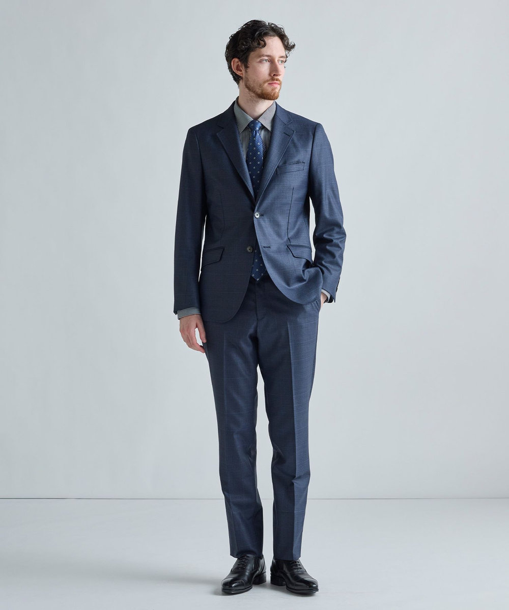 MEN'S BIGI グレンチェック×小紋MIX 小剣クレリックタイ ブルー
