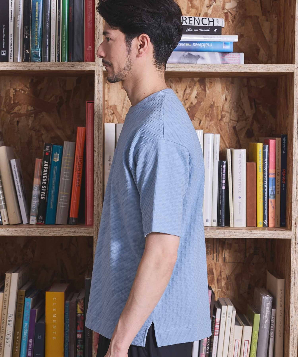 UNION STATION シェブロン柄リンクスジャガードTシャツ サックスブルー