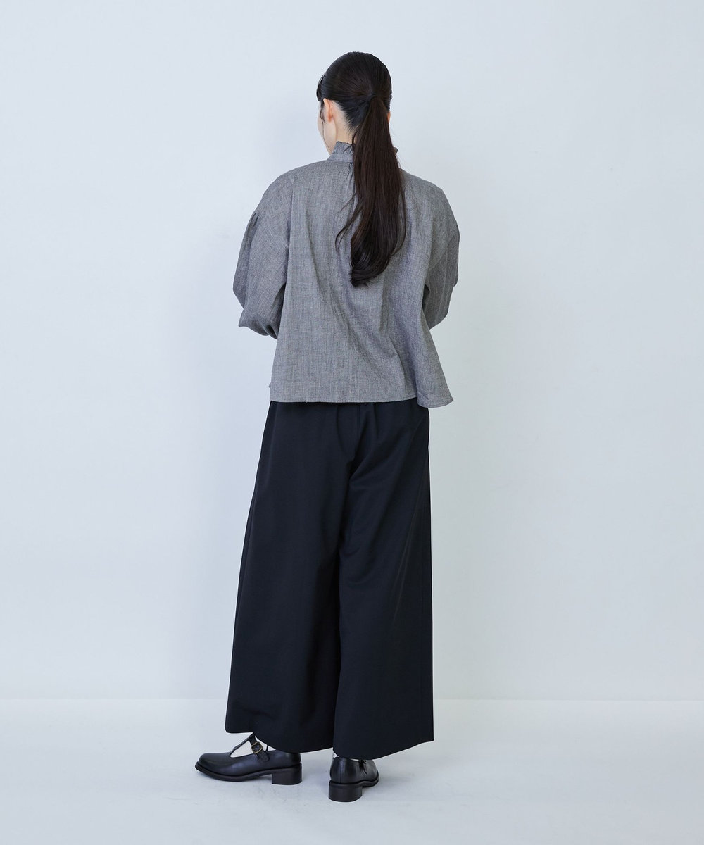 LOISIR リネンコットンヤクローンフリルカラーブラウス グレー