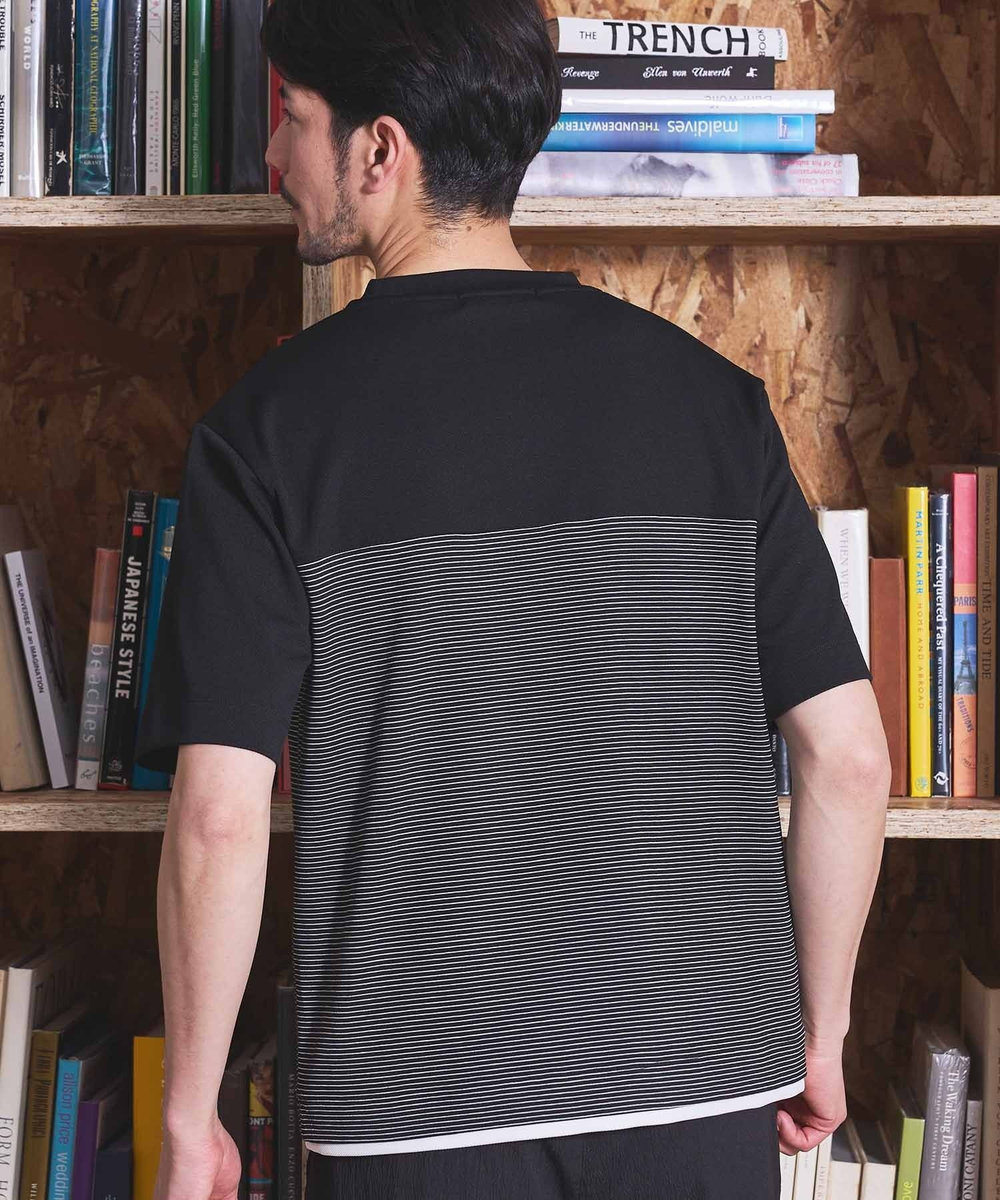 UNION STATION ボーダー天竺×ストレッチカルゼTシャツ ブラック