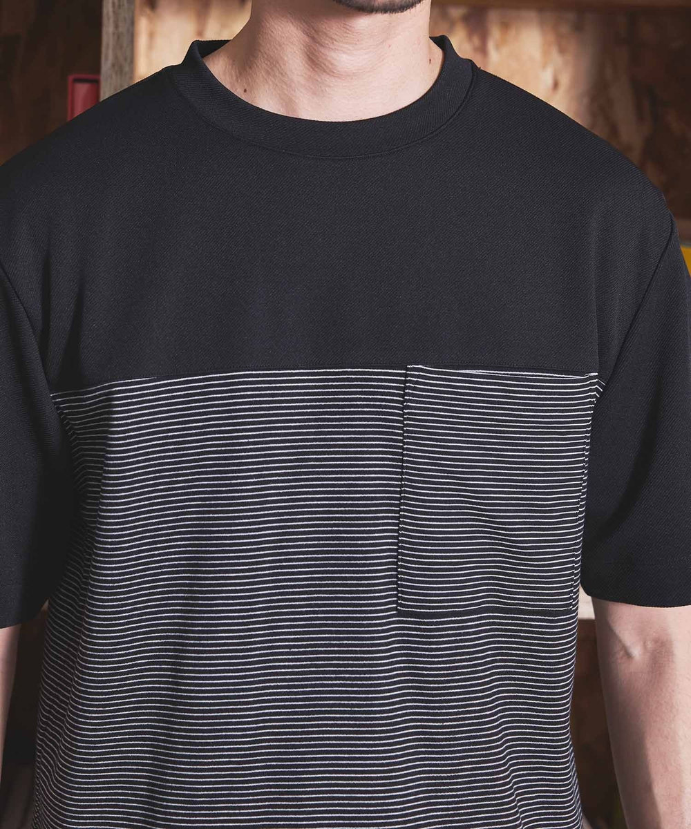 UNION STATION ボーダー天竺×ストレッチカルゼTシャツ ブラック