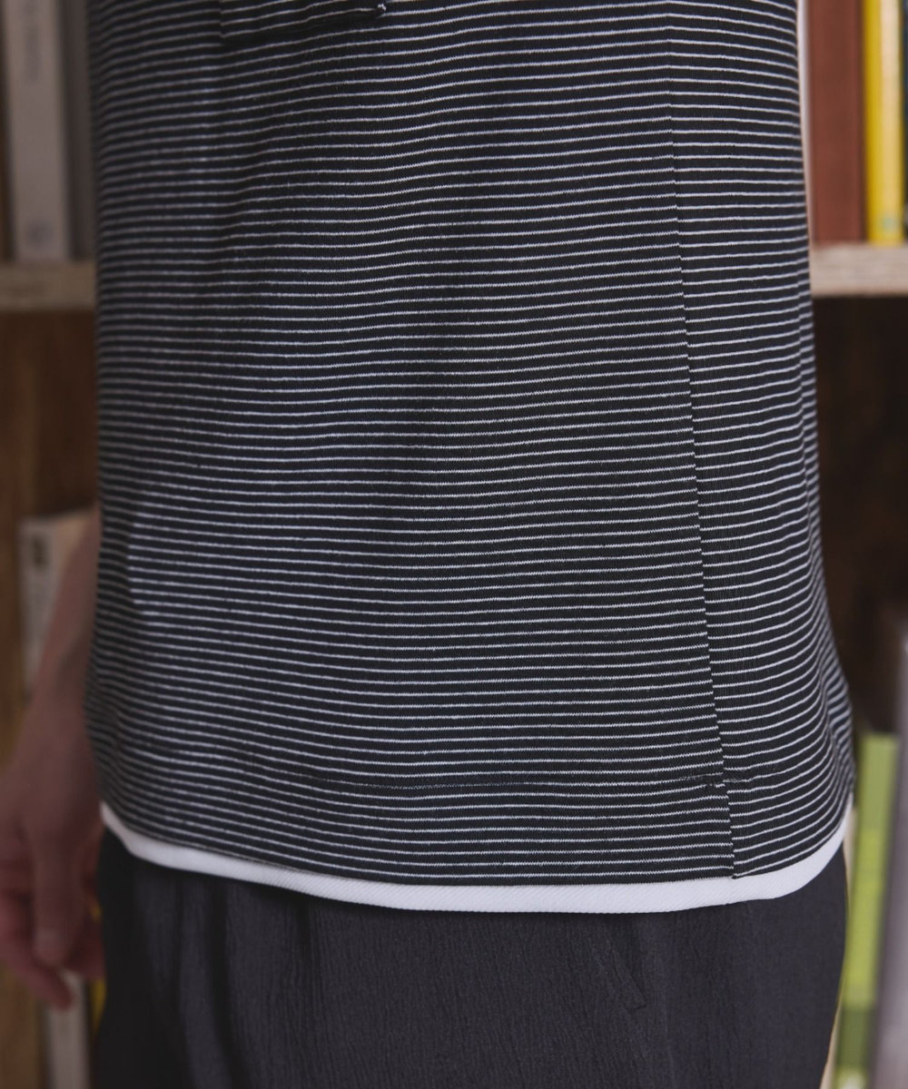 UNION STATION ボーダー天竺×ストレッチカルゼTシャツ ブラック