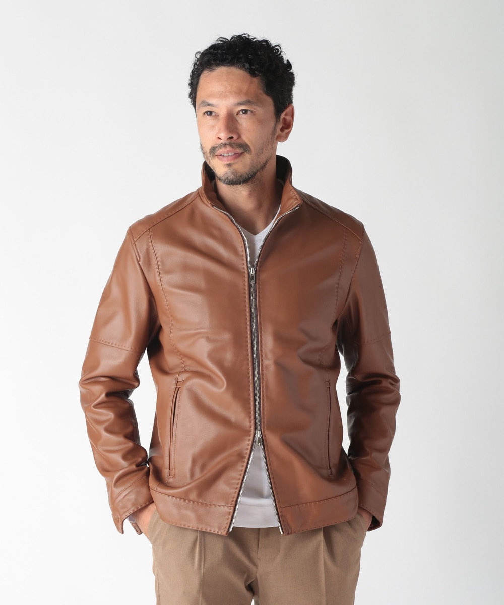 MEN'S BIGI スタンドカラーシングルライダース レザージャケット ブラウン