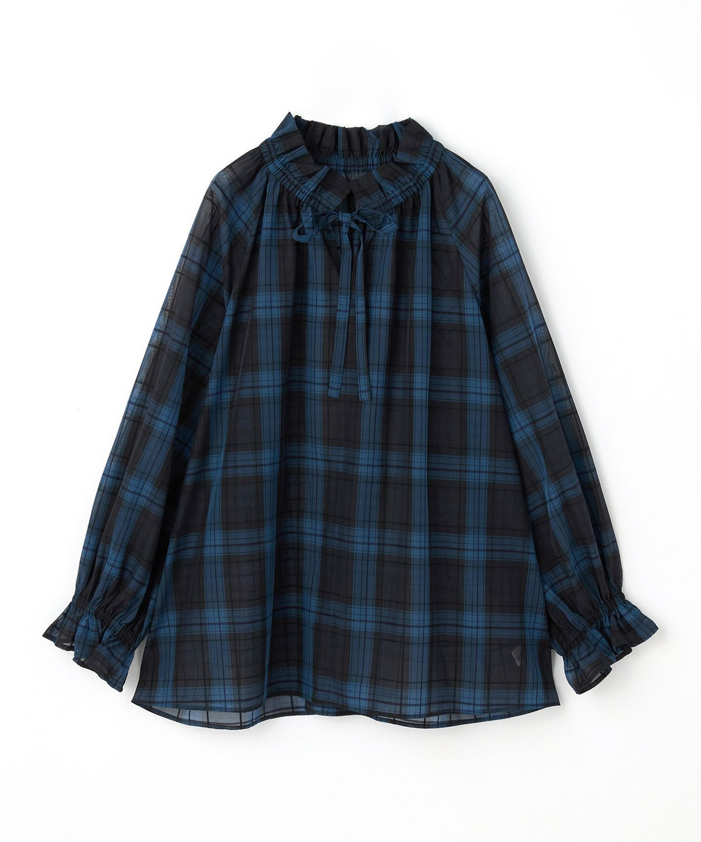 feerique Lサイズ（大きいサイズ） 【大きいサイズ】feerique シアーチェックボウタイブラウス ネイビー
