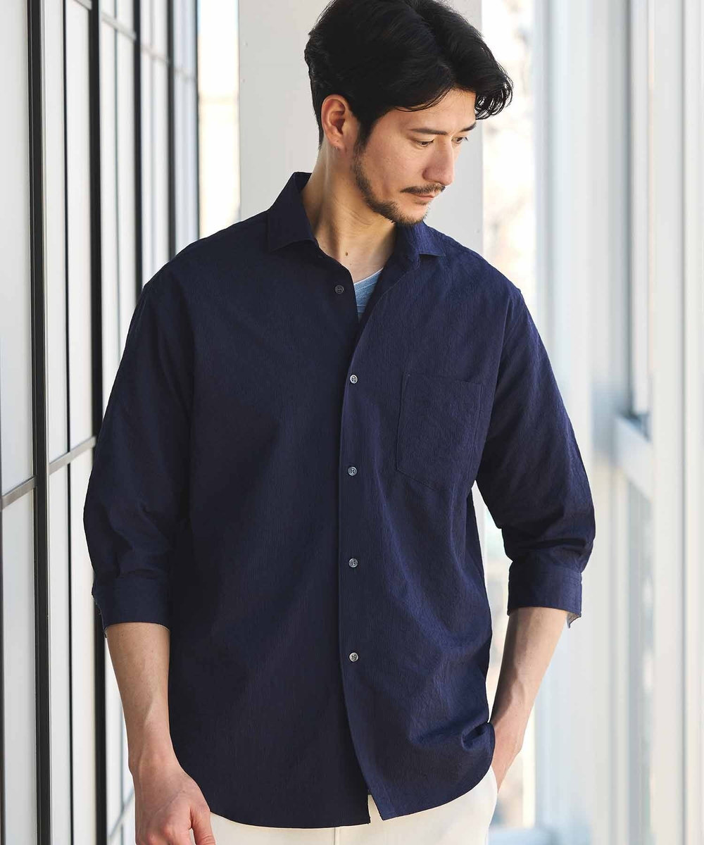 UNION STATION ストレッチワッシャー七分袖シャツ＜ハンドウォッシャブル・UVカット・抗菌＞ ネイビー