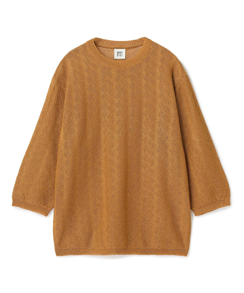 MEN'S BIGI 変形アーガイルシアーニット7分袖Tシャツ イエロー
