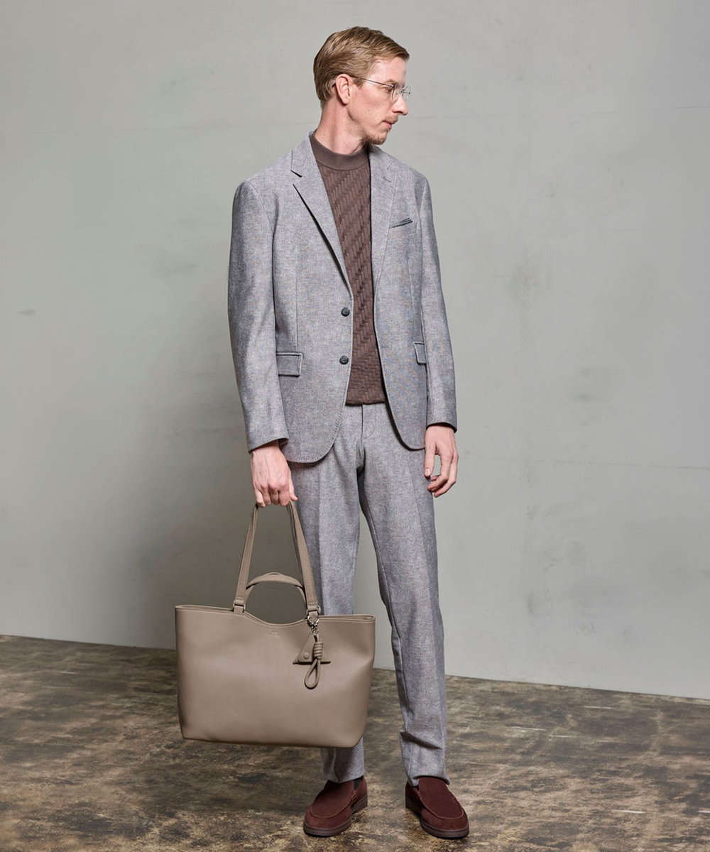 MEN'S BIGI 12Gメリノウール 幾何学柄モックネックニット モカ