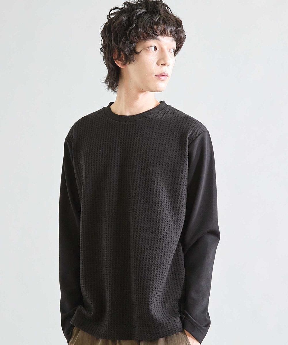 UNION STATION 異素材コンビ ワッフルジャガードTee ブラック