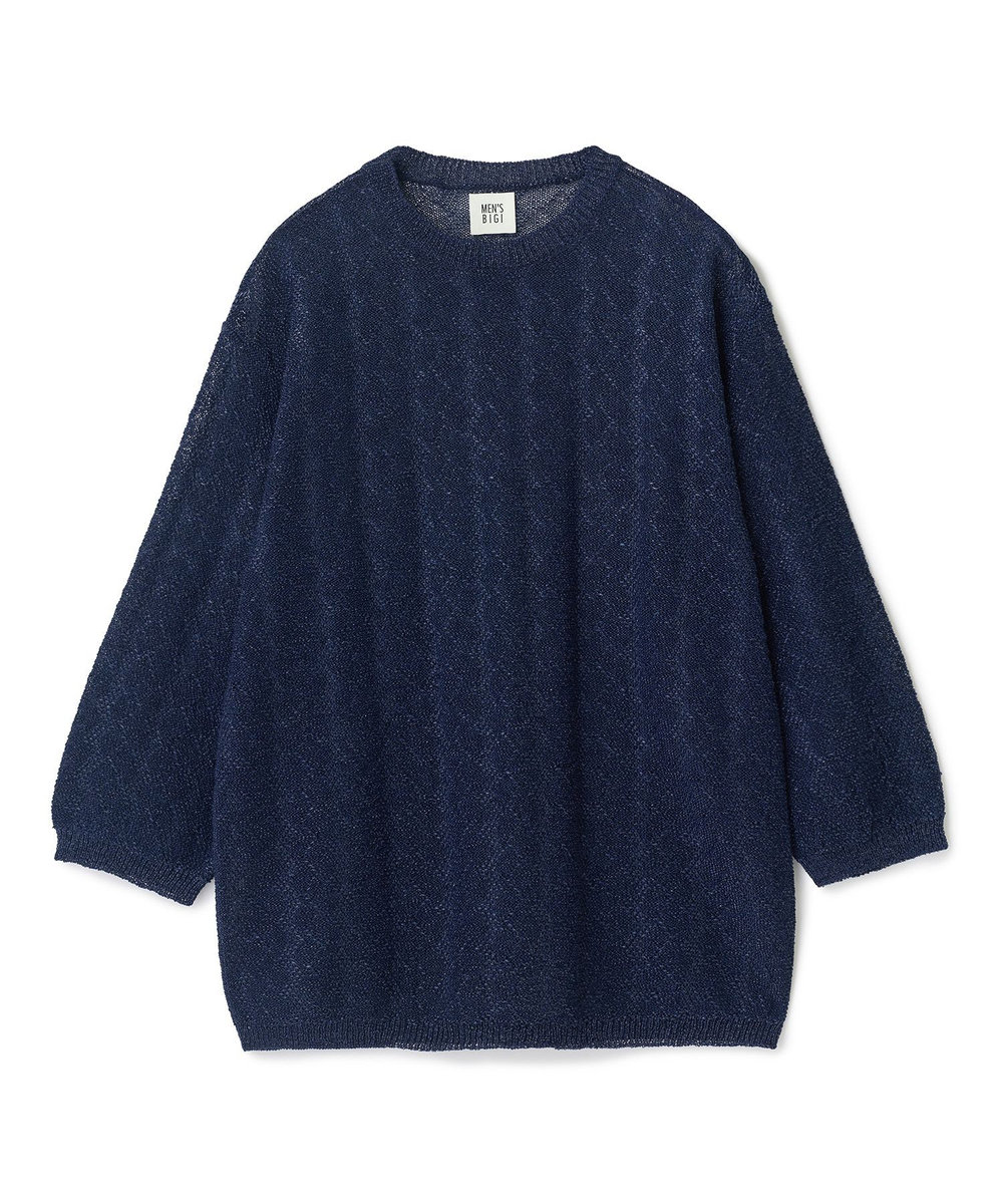 MEN'S BIGI 変形アーガイルシアーニット7分袖Tシャツ ネイビー