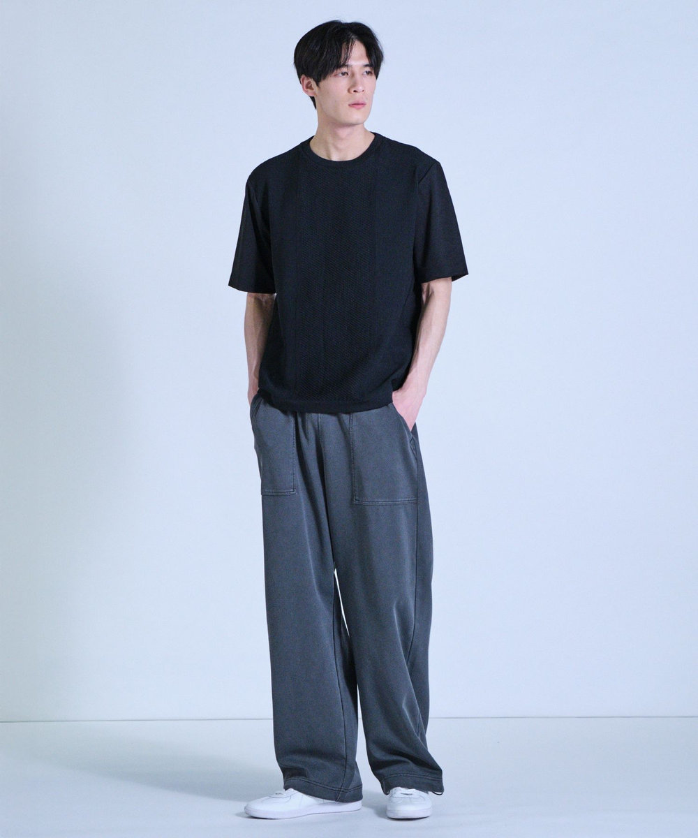 UNION STATION ニット×ポンチコンビハーフスリーブTシャツ＜ストレッチ・マシンウォッシャブル＞ ブラック