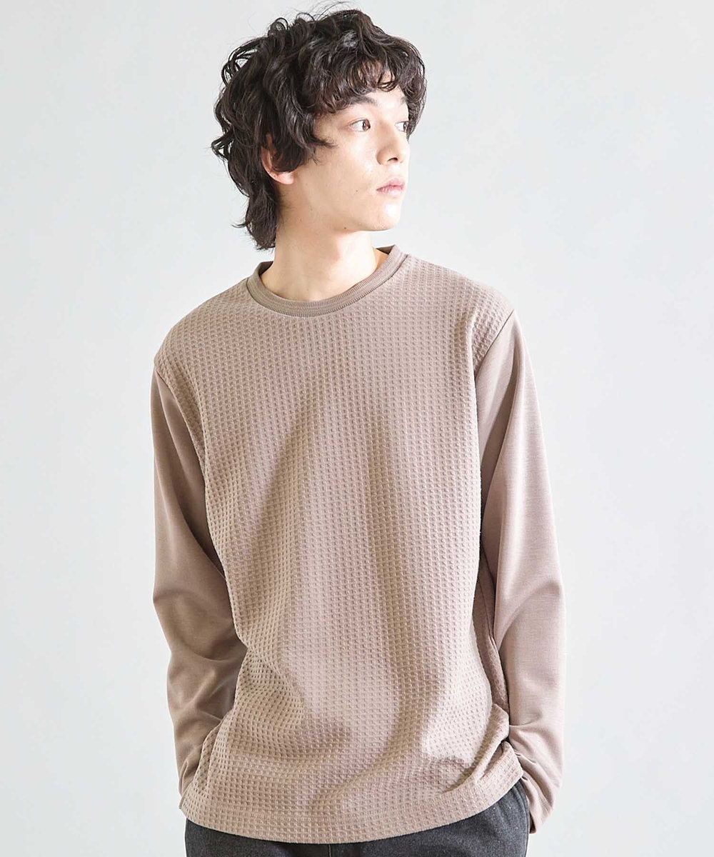 UNION STATION 異素材コンビ ワッフルジャガードTee ブラウン