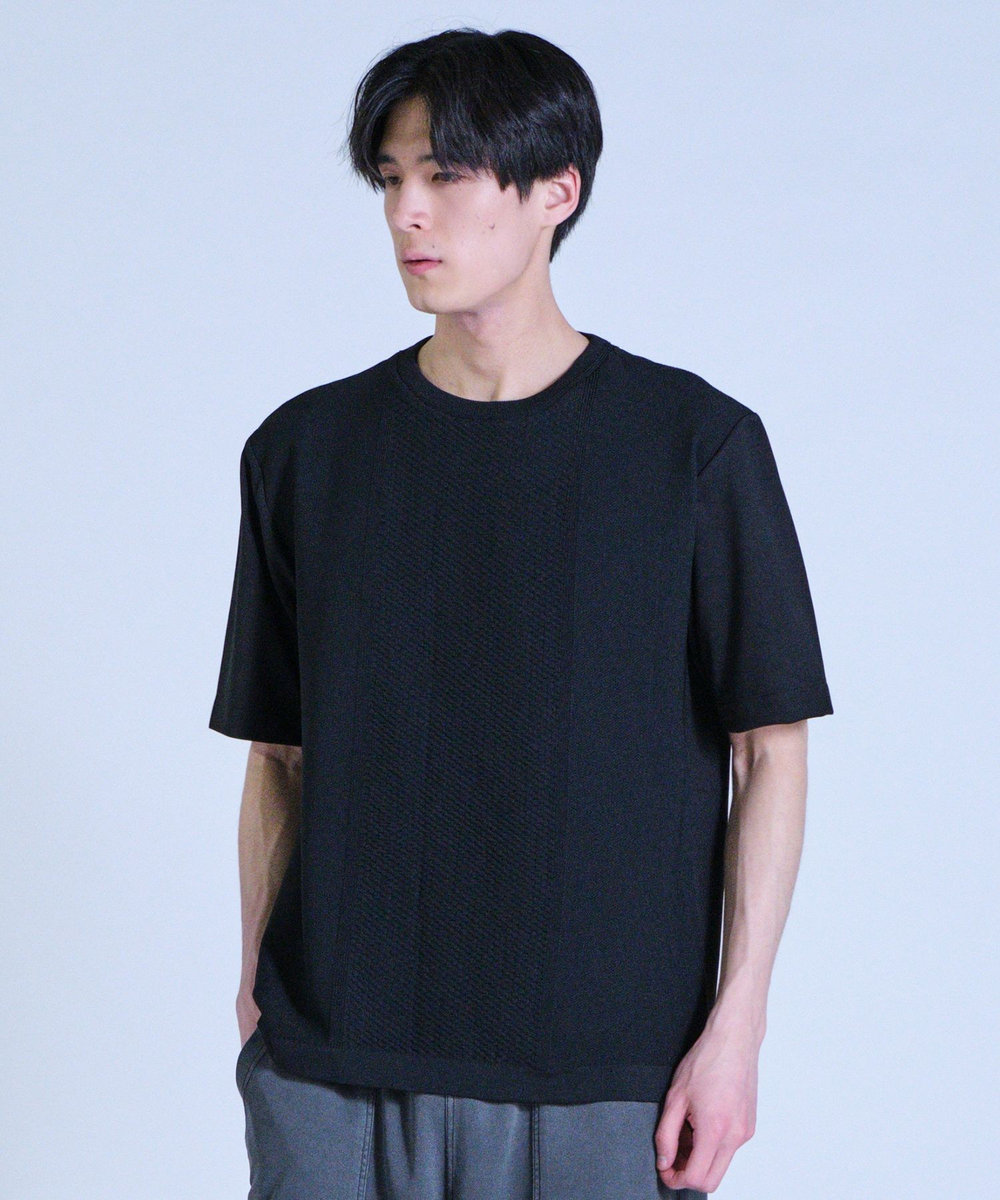UNION STATION ニット×ポンチコンビハーフスリーブTシャツ＜ストレッチ・マシンウォッシャブル＞ ブラック