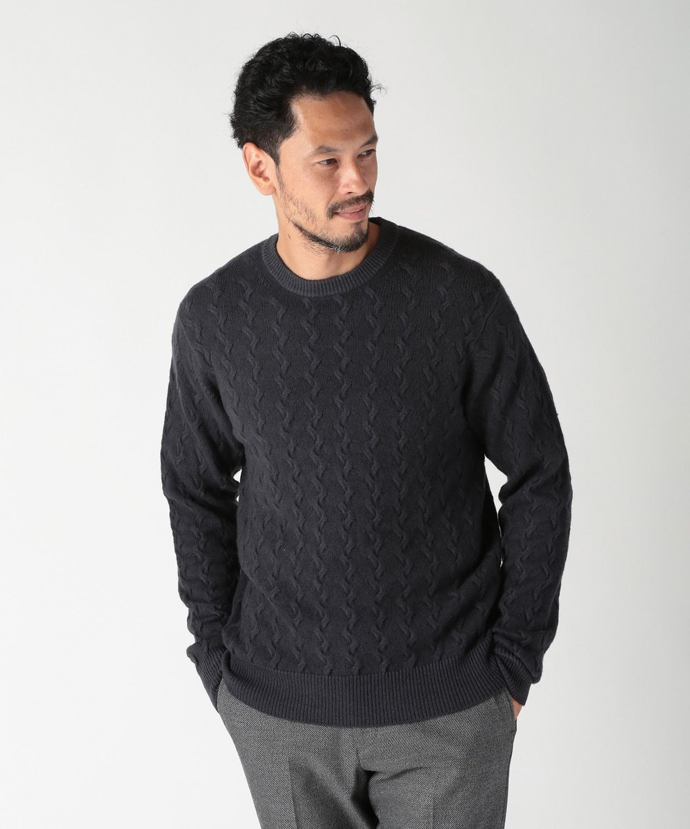 MEN'S BIGI 5G スノー加工ケーブルクルーニット ブラック