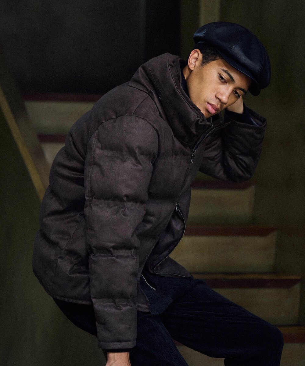 MEN'S BIGI スエード調ツイルプリントダウンジャケット ブラウン