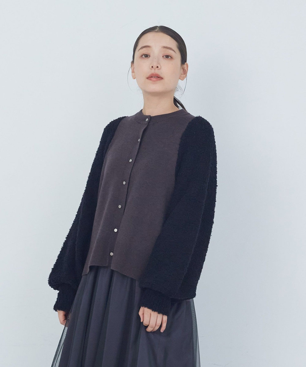 ADIEU TRISTESSE ウールナイロンブークレー×ウールセミ梳毛コンビカーディガン ブラック