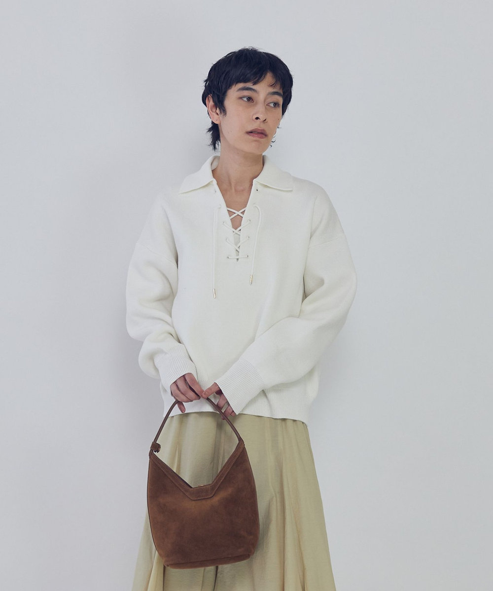 1er Arrondissement レースアップポロニットプルオーバー オフホワイト