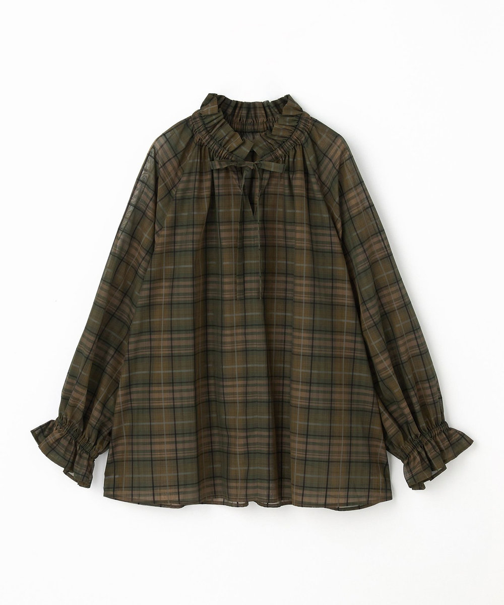 feerique Lサイズ（大きいサイズ） 【大きいサイズ】feerique シアーチェックボウタイブラウス カーキ