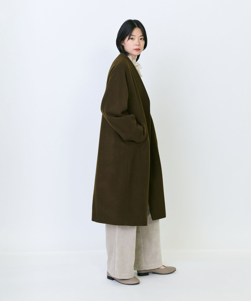 LOISIR ウールメルトンVネックコート カーキ
