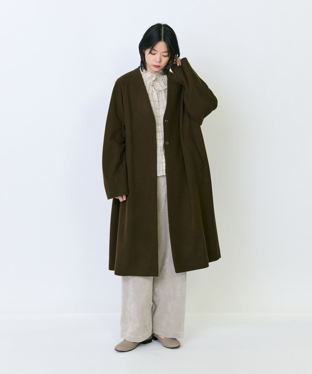 LOISIR ウールメルトンVネックコート カーキ
