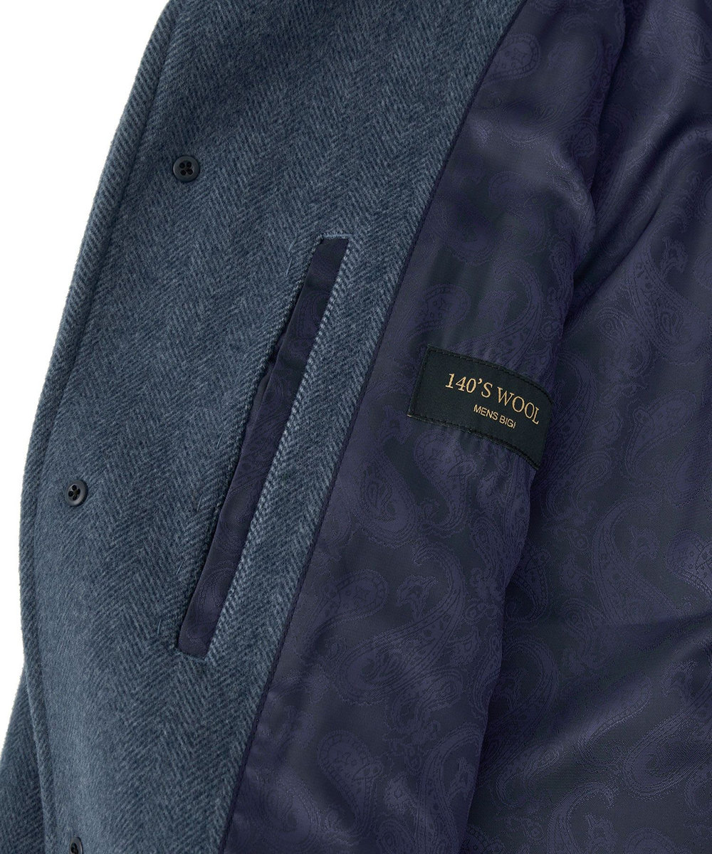 MEN'S BIGI Super140ウールヘリンボーンビーバー スタンドカラーコート ブルー