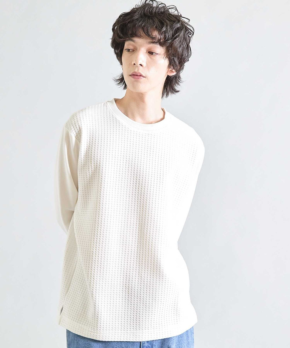 UNION STATION 異素材コンビ ワッフルジャガードTee ホワイト