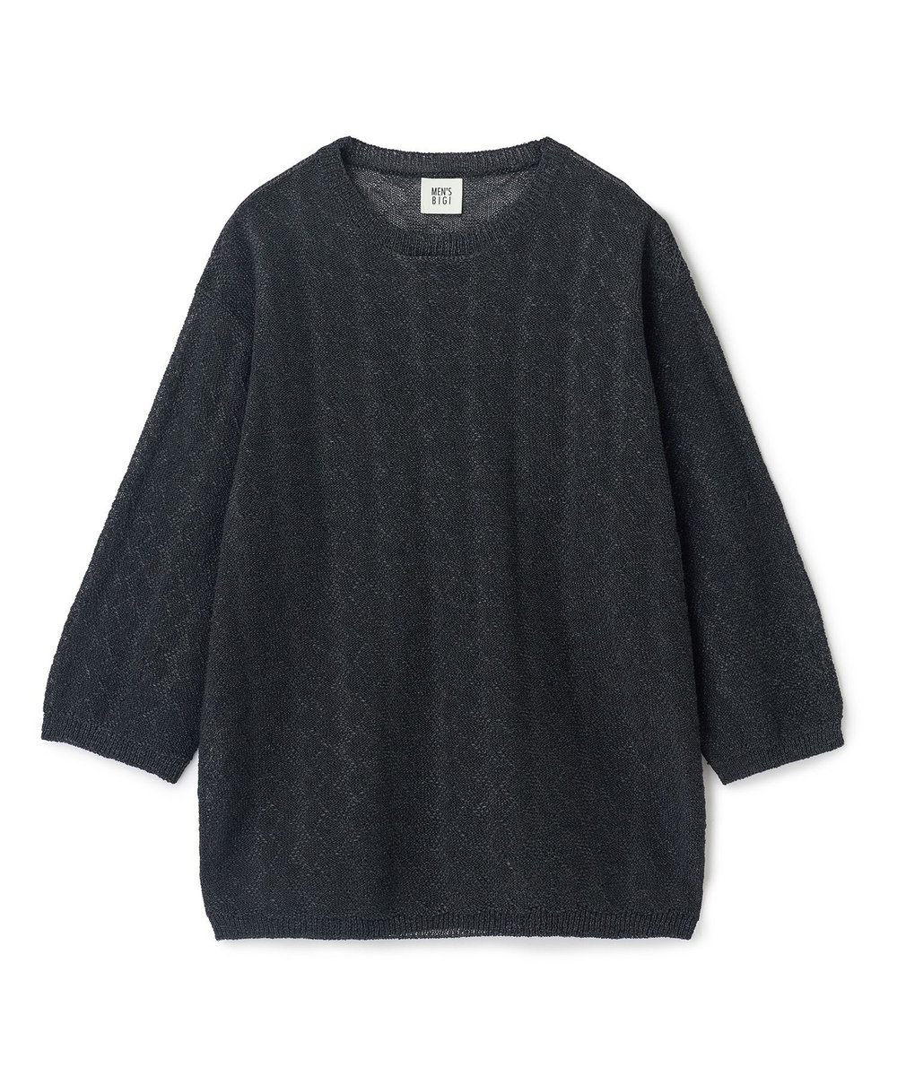 MEN'S BIGI 変形アーガイルシアーニット7分袖Tシャツ ブラック