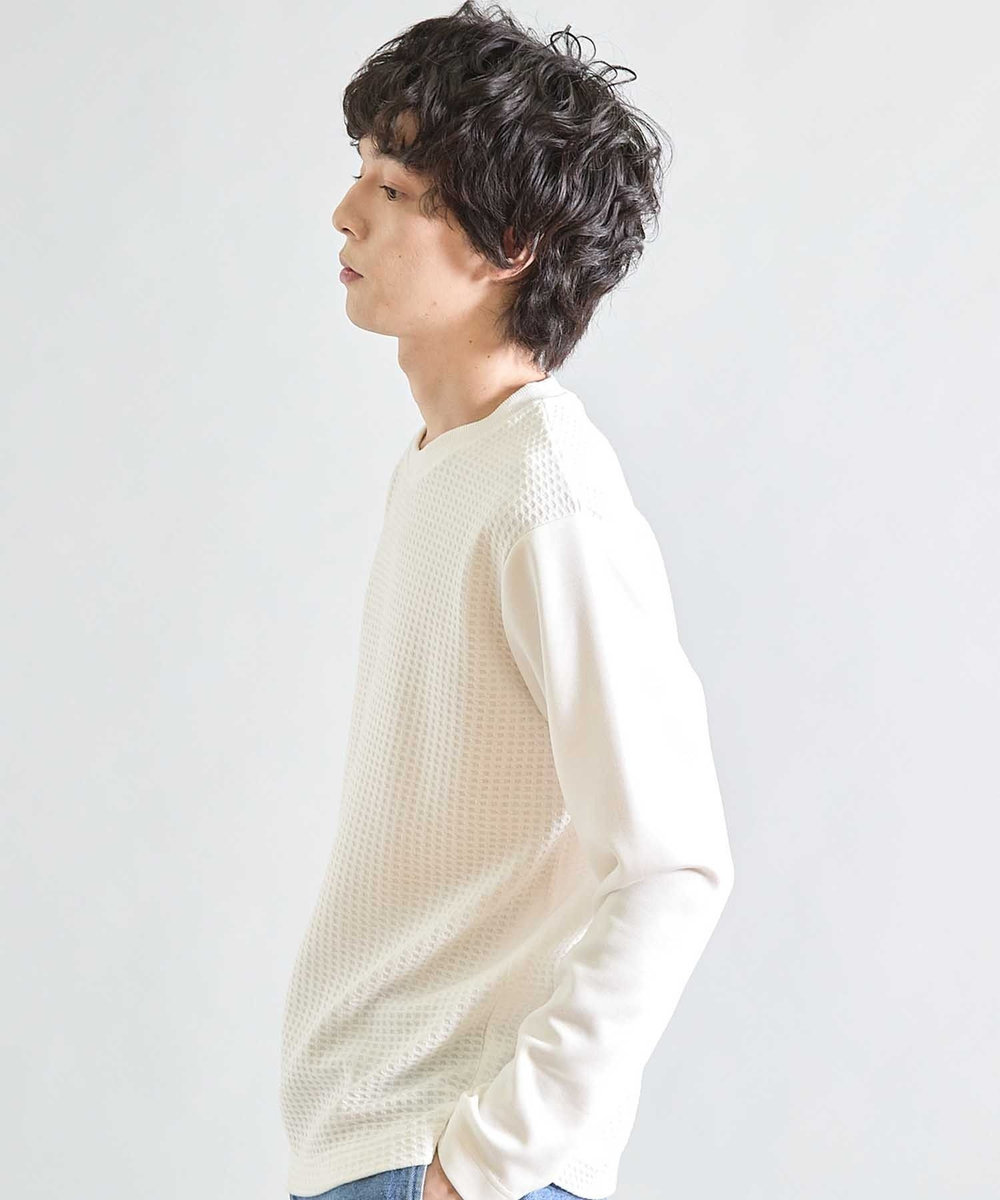 UNION STATION 異素材コンビ ワッフルジャガードTee ホワイト